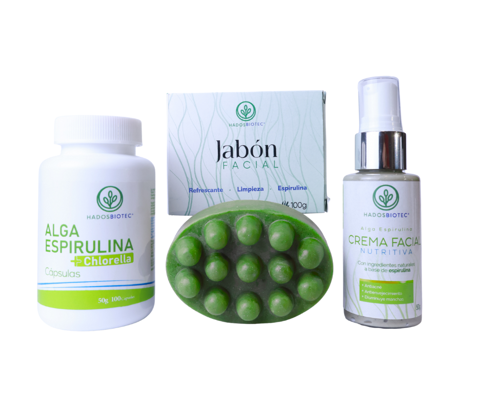 Kit bienestar Detox con crema facial, jabon facial y cápsulas espirulina + chlorella