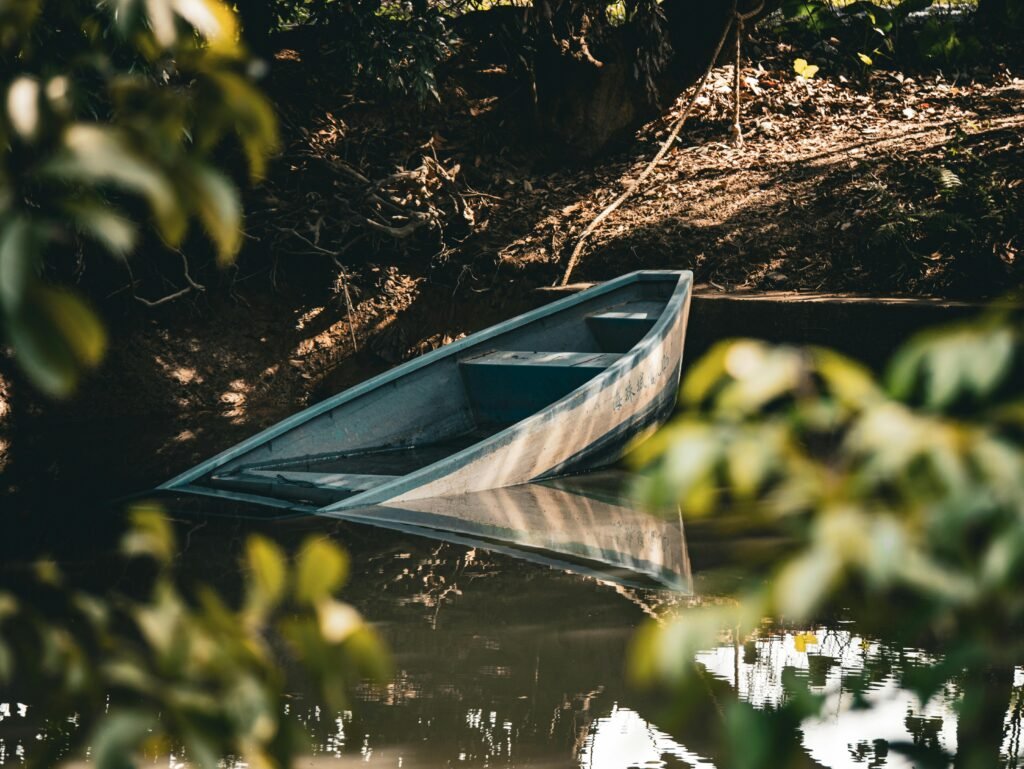A lone wooden boat rests partly submerged in a tranquil forest river, surrounded by lush foliage.