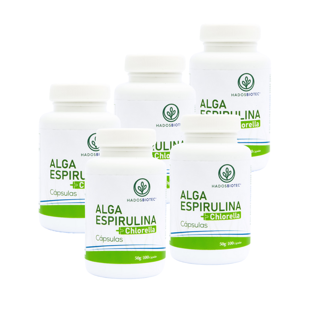 Pack 5 Botes Cápsulas de Alga Espirulina Máxima + Chlorella Premium 100 Cápsulas 50 g c/u Ingredientes Naturales sin Conservadores sin Aditivos Rinde 170 Días