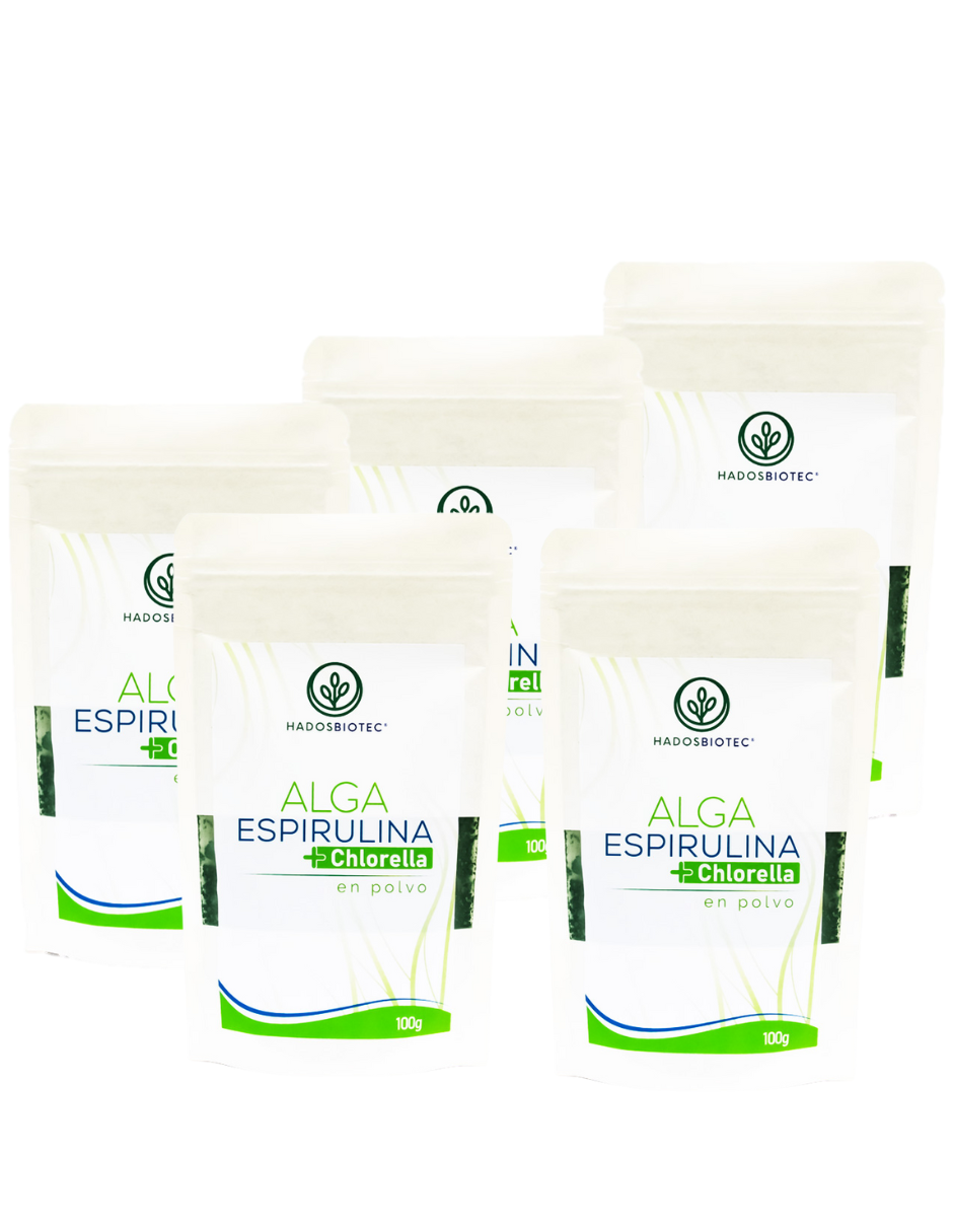 Pack 5 Sobres de Polvo de Alga Espirulina Máxima + Chlorella Premium 100 g c/u Ingredientes Naturales sin Conservadores sin Aditivos Rinde 170 Días