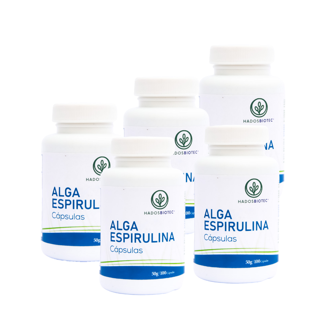 Pack 5 Botes Cápsulas de Alga Espirulina Máxima Premium 100 Cápsulas 50 g c/u Ingredientes Naturales sin Conservadores sin Aditivos Rinde 170 Días