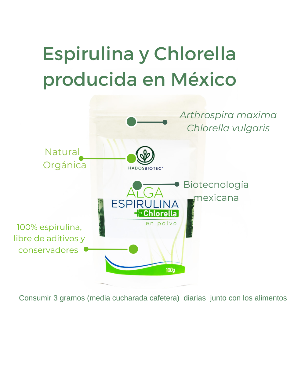 Pack 5 Sobres de Polvo de Alga Espirulina Máxima + Chlorella Premium 100 g c/u Ingredientes Naturales sin Conservadores sin Aditivos Rinde 170 Días - Imagen 3