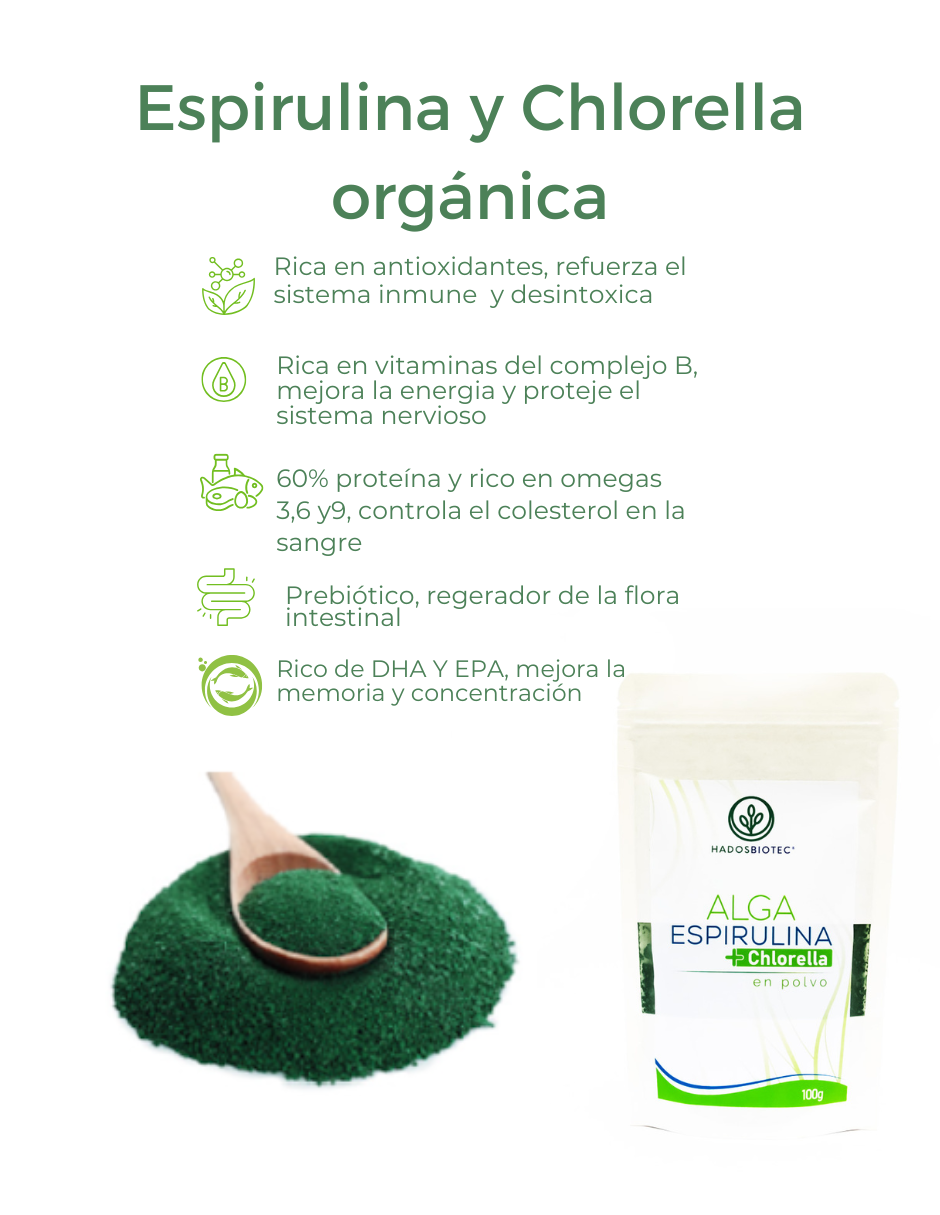 Pack 5 Sobres de Polvo de Alga Espirulina Máxima + Chlorella Premium 100 g c/u Ingredientes Naturales sin Conservadores sin Aditivos Rinde 170 Días - Imagen 4