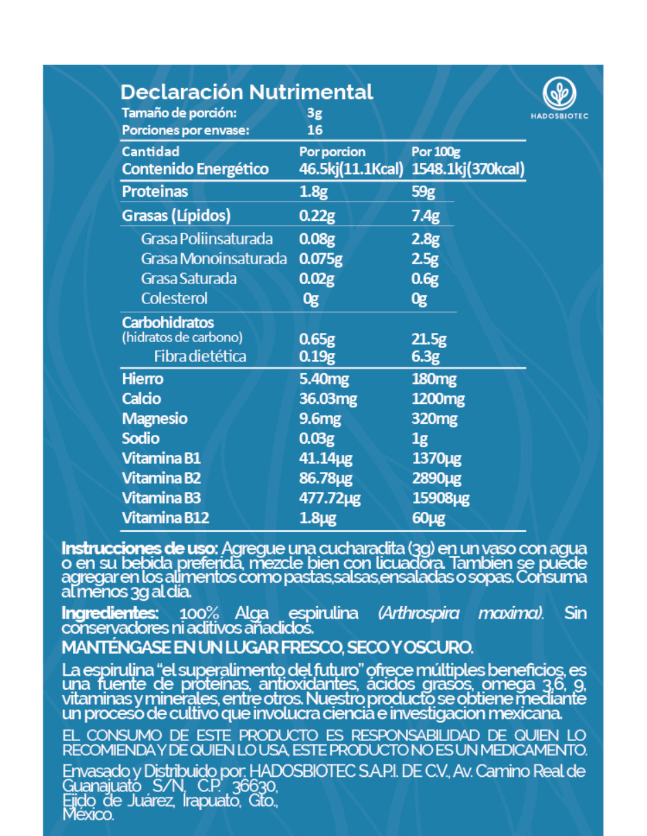 Pack 5 Sobres Polvo de Alga Espirulina Máxima Premium 100 g c/u Ingredientes Naturales sin Conservadores sin Aditivos Rinde 170 Días - Imagen 6